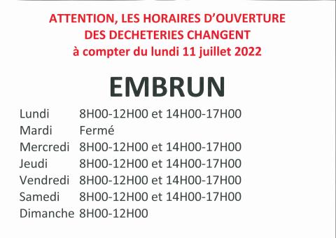 2022 07-EMBRUN Déchèterie nouveaux horaires_