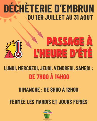 Horaires été déchèterie d'Embrun