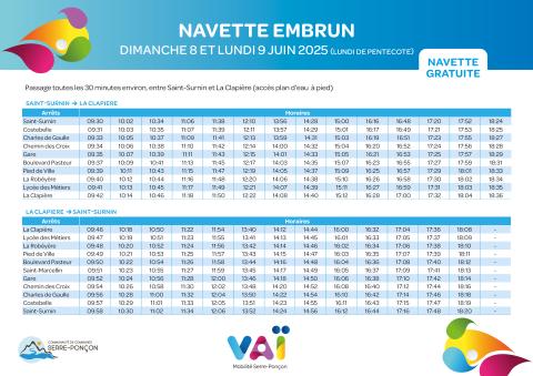 Horaires navette Vaï Embrun 8-9 juin 2025